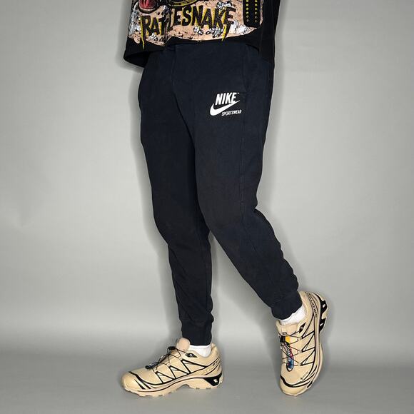 Vintage Y2K Nike Sweatpants Mens M Black White Swoosh Cotton Joggers - Picture 1 of 4